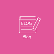 A pink square with a white image showing a blog 